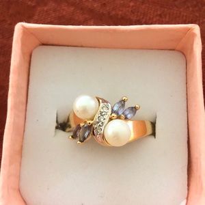 14K Yellow Gold, Pearl, Tanzanite and Diamond Ring